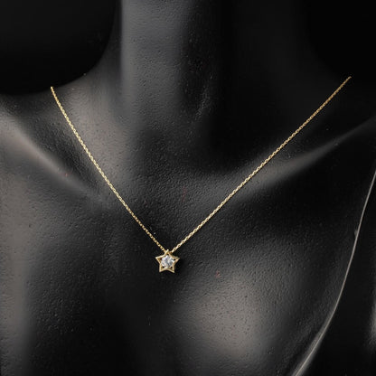 14K Yellow Gold Star Design Single Stone Cubic Zirconia Necklace
