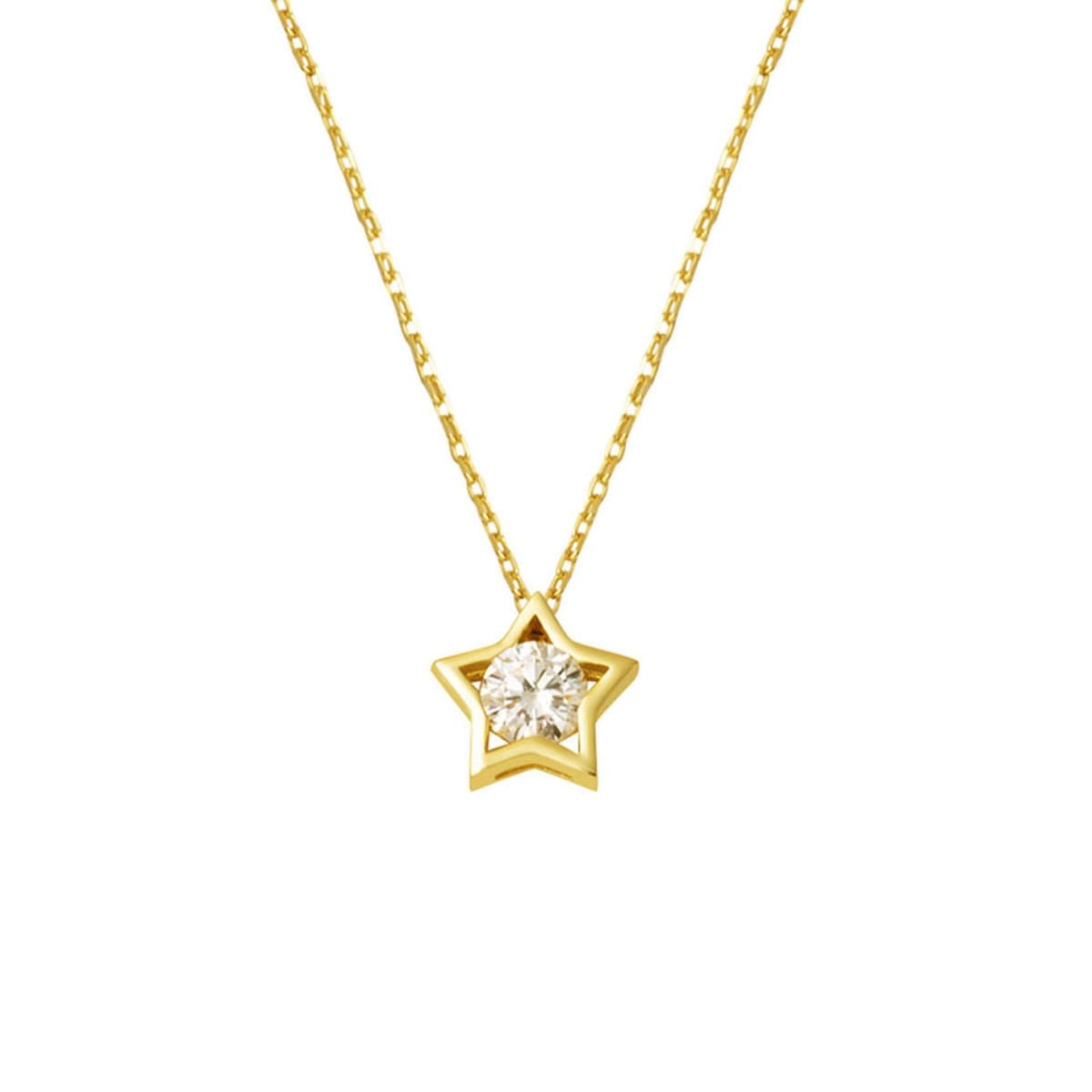 14K Yellow Gold Star Design Single Stone Cubic Zirconia Necklace