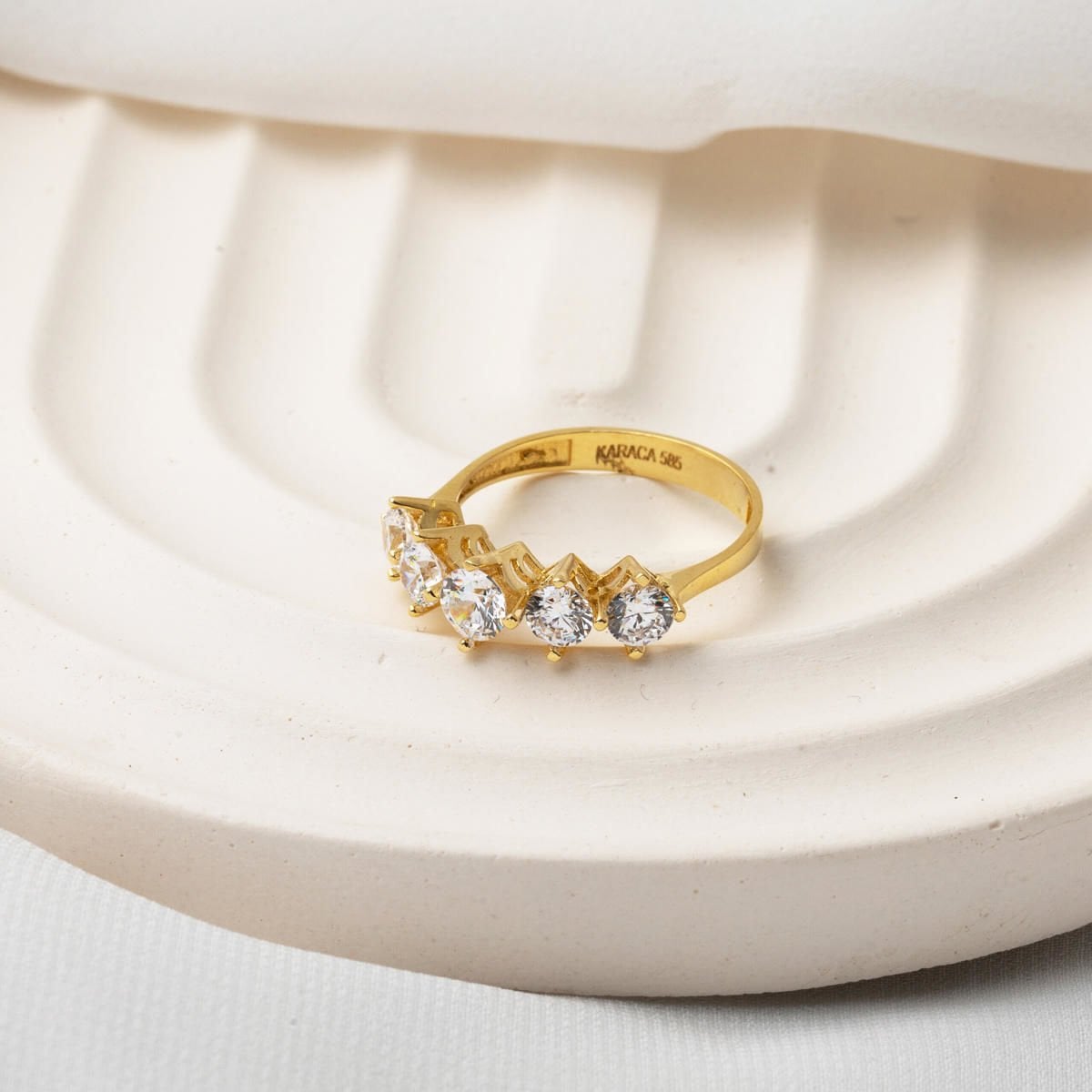 14K Yellow Gold Stepped Five Stone Cubic Zirconia Ring