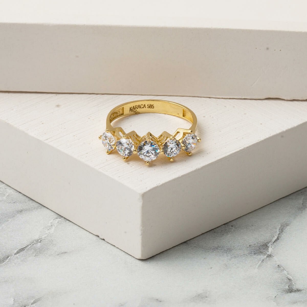 14K Yellow Gold Stepped Five Stone Cubic Zirconia Ring