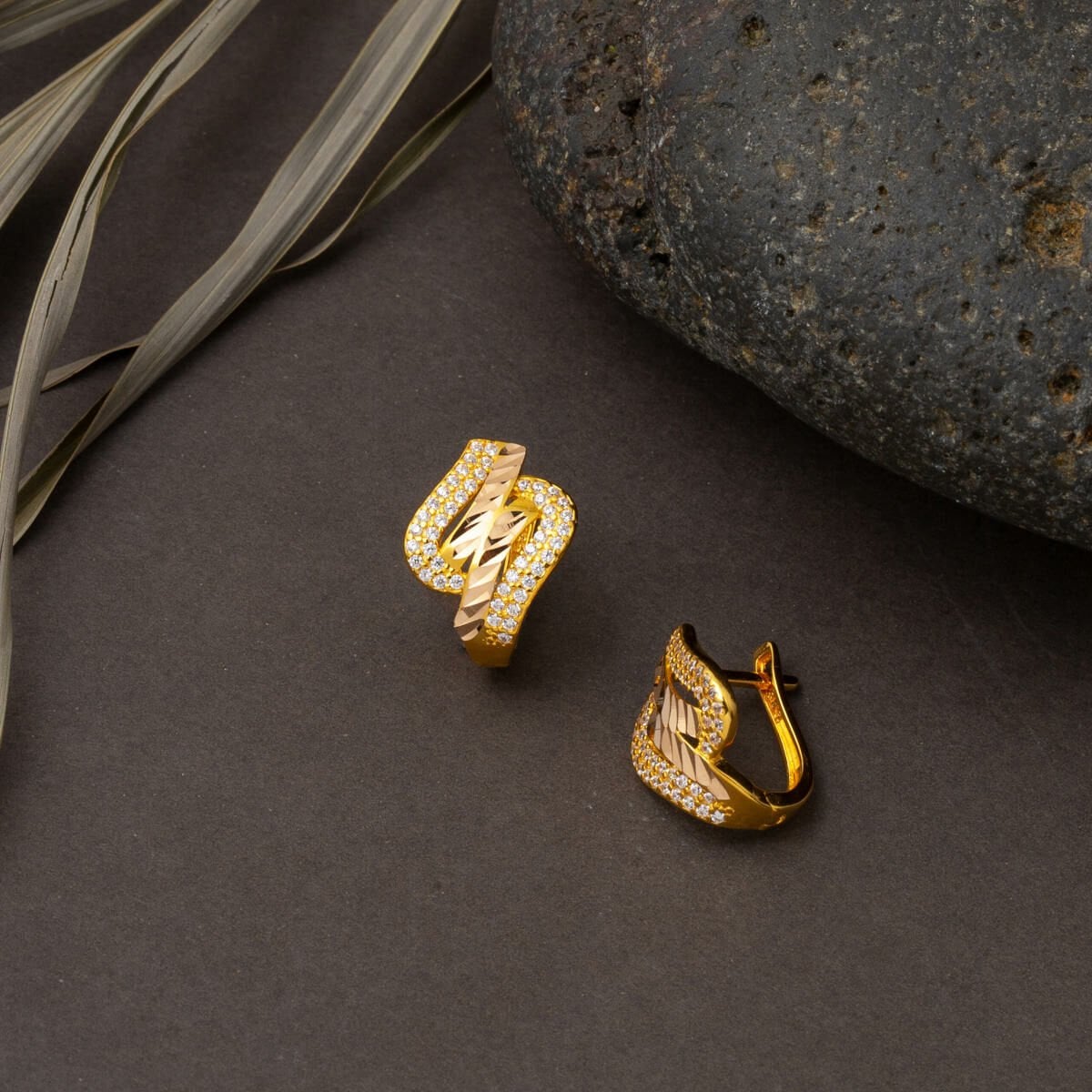 14K Yellow Gold Asymmetric Cubic Zirconia Earrings