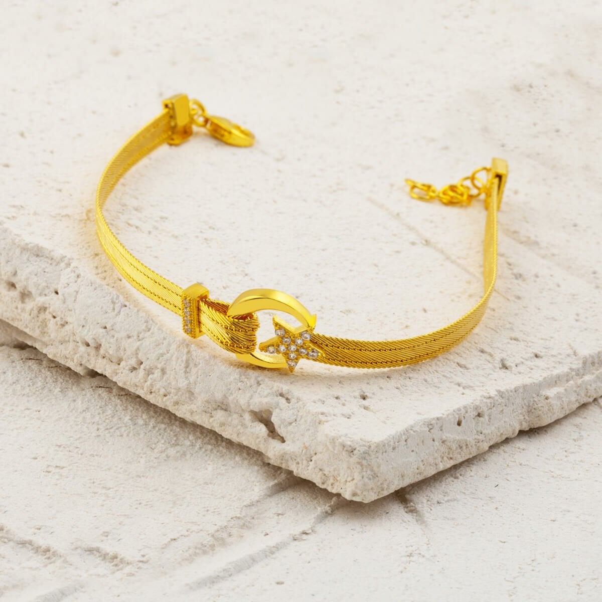 14K Yellow Gold Crescent and Star Trabzon Mesh Cubic Zirconia 3 Row Bracelet