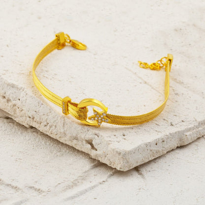 14K Yellow Gold Crescent and Star Trabzon Mesh Cubic Zirconia 3 Row Bracelet