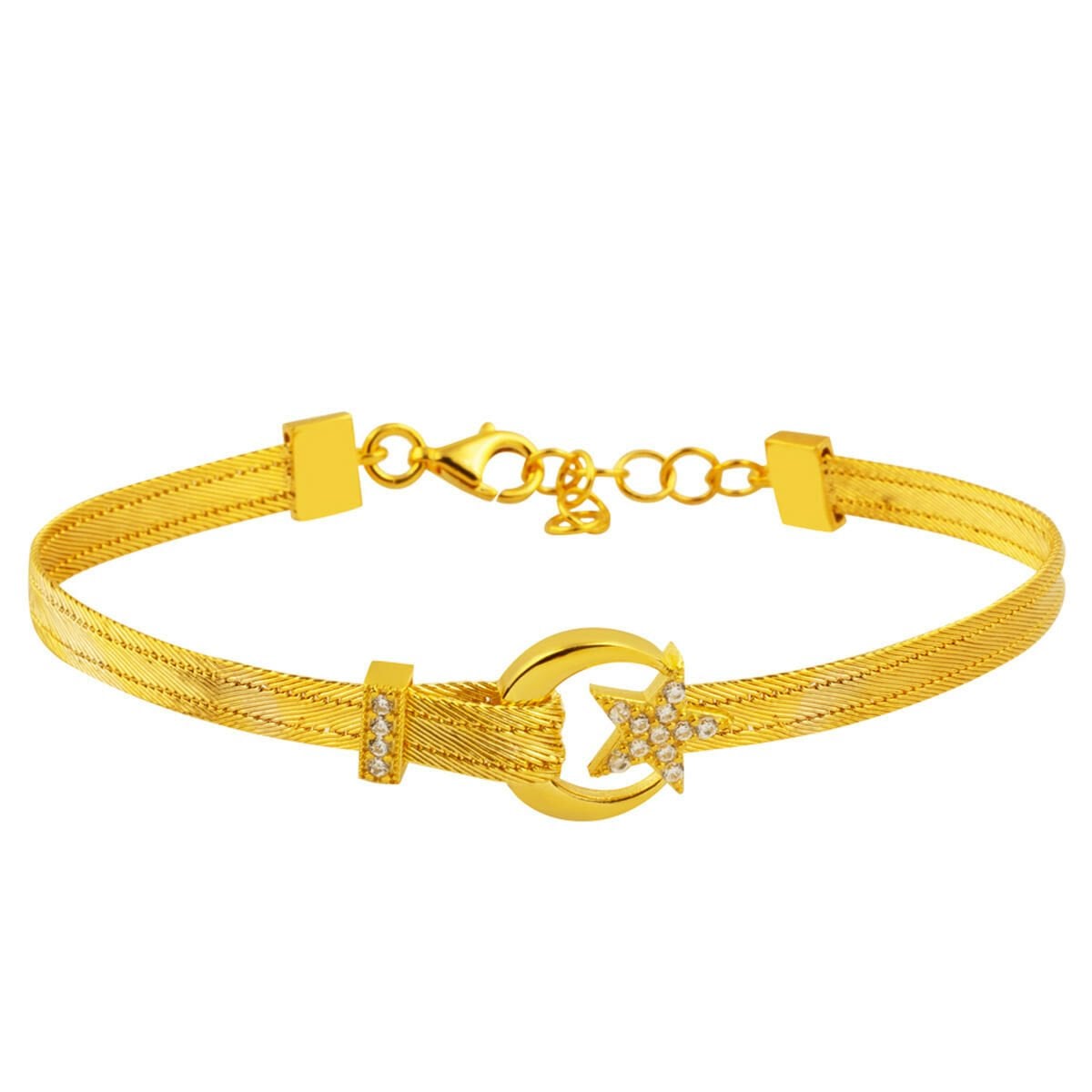 14K Yellow Gold Crescent and Star Trabzon Mesh Cubic Zirconia 3 Row Bracelet