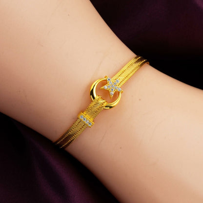 14K Yellow Gold Crescent and Star Trabzon Mesh Cubic Zirconia 3 Row Bracelet