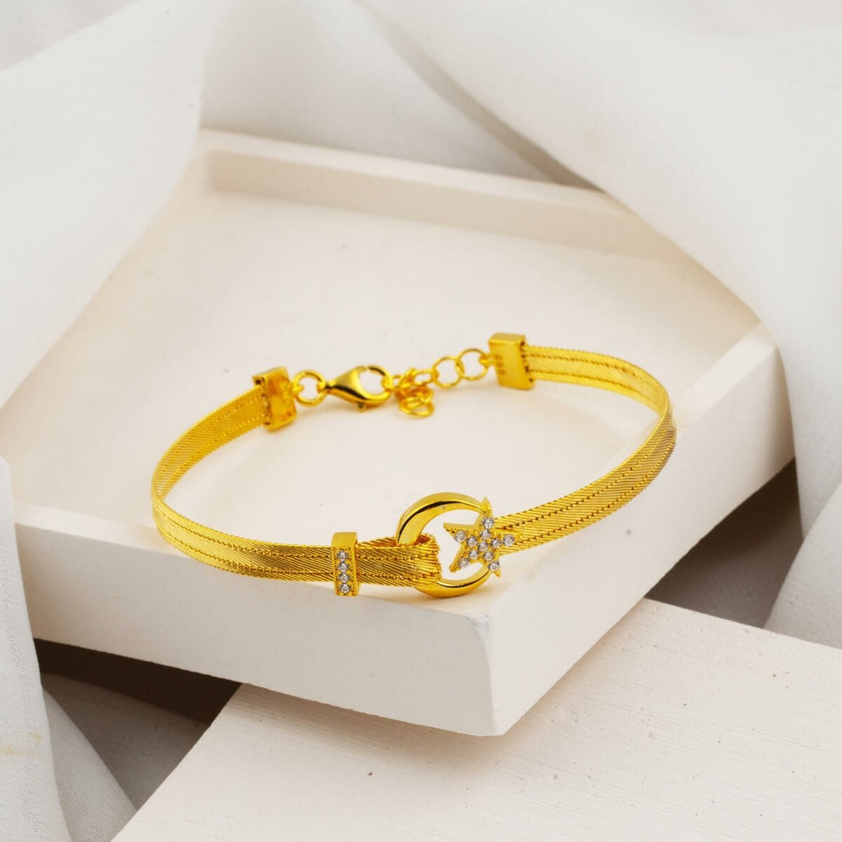 14K Yellow Gold Crescent and Star Trabzon Mesh Cubic Zirconia 3 Row Bracelet