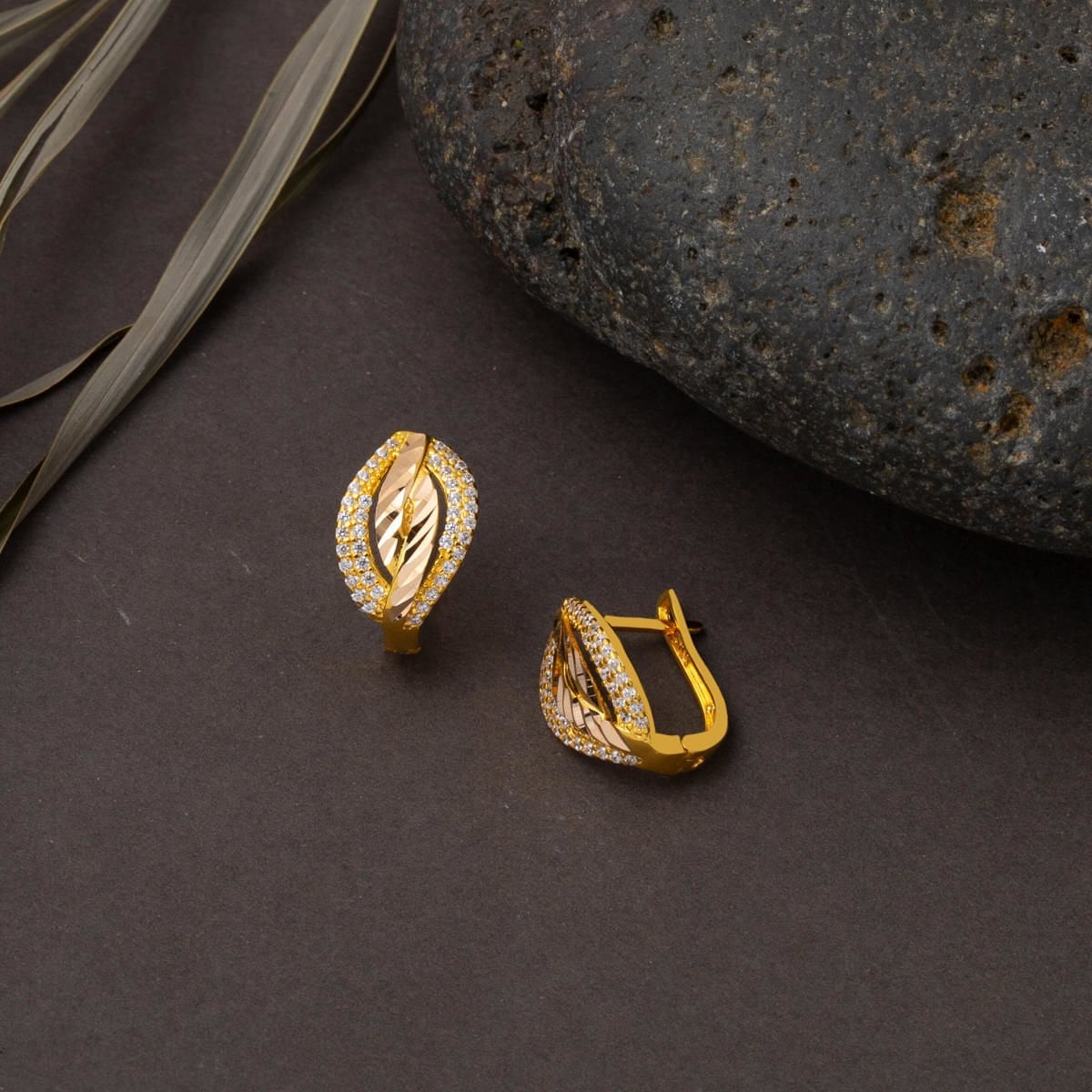 14K Yellow Gold Almond Leaf Cubic Zirconia Earrings