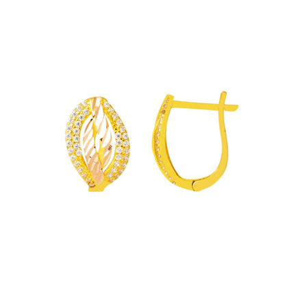 14K Yellow Gold Almond Leaf Cubic Zirconia Earrings