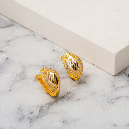 14K Yellow Gold Almond Leaf Cubic Zirconia Earrings