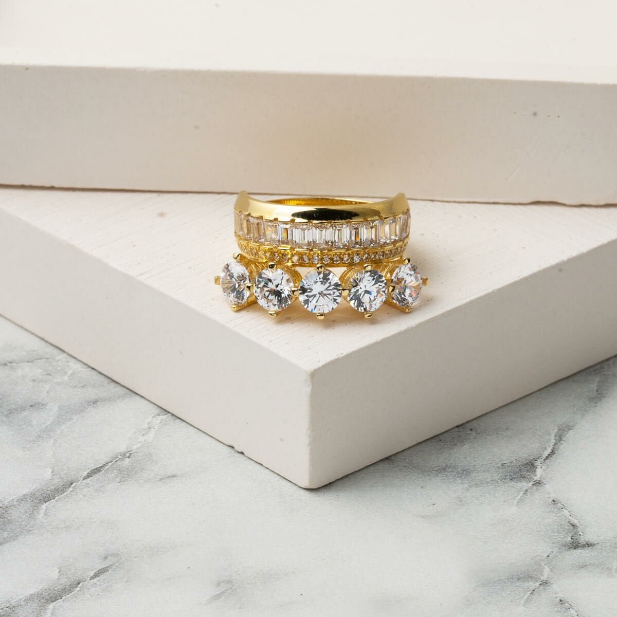 14K Yellow Gold Baguette Wedding Band Five Stone Cubic Zirconia Ring