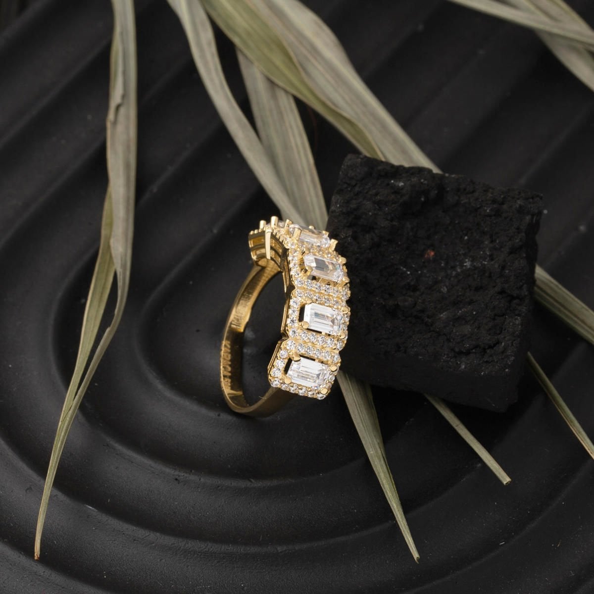 14K Yellow Gold Baguette Five Cubic Zirconia Ring