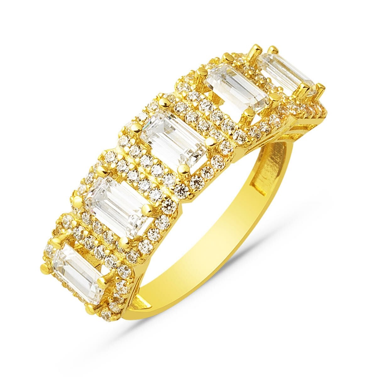 14K Yellow Gold Baguette Five Cubic Zirconia Ring