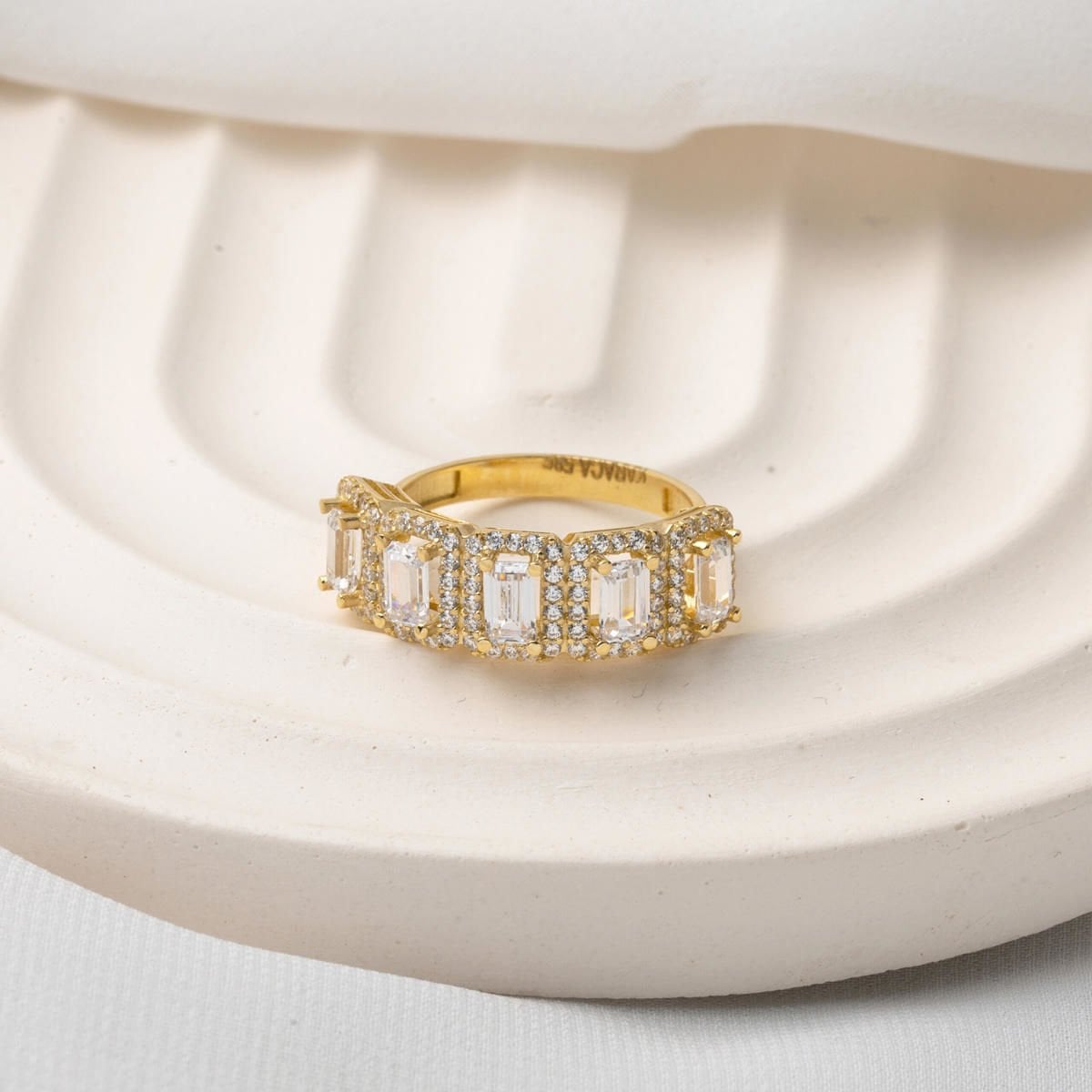 14K Yellow Gold Baguette Five Cubic Zirconia Ring