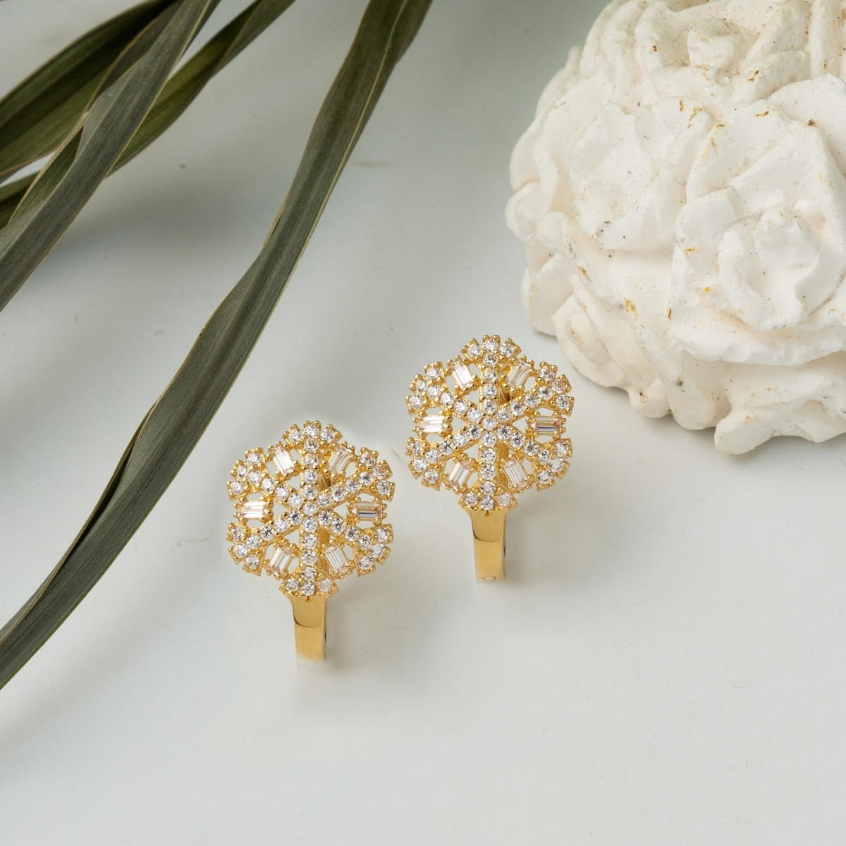 14K Yellow Gold Baguette Snowflake Cubic Zirconia Earrings