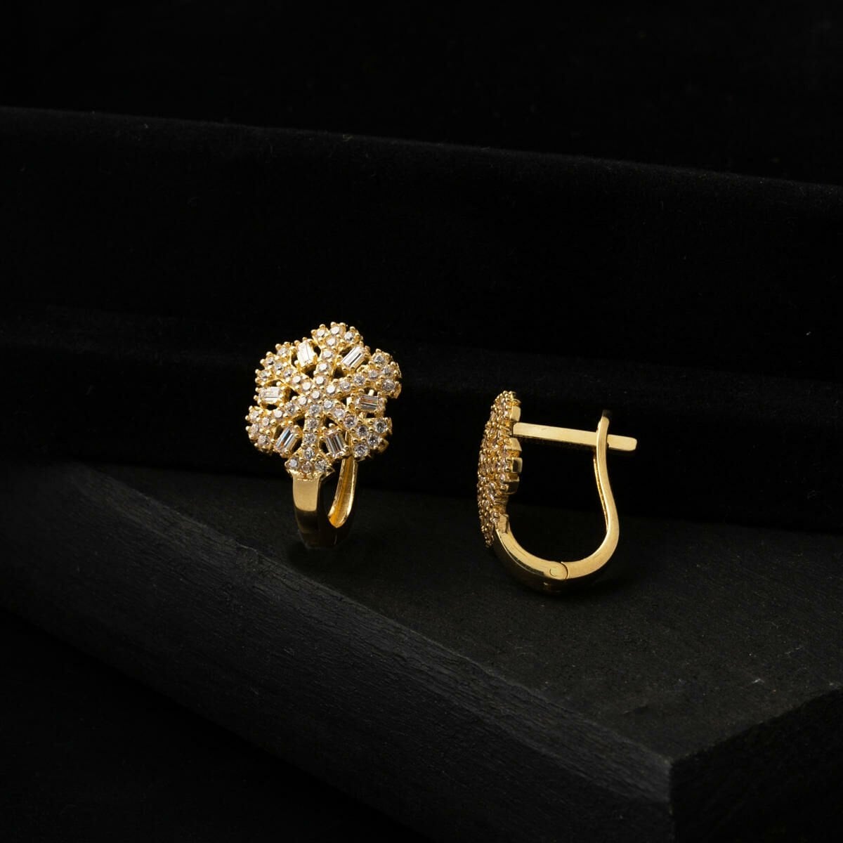 14K Yellow Gold Baguette Snowflake Cubic Zirconia Earrings