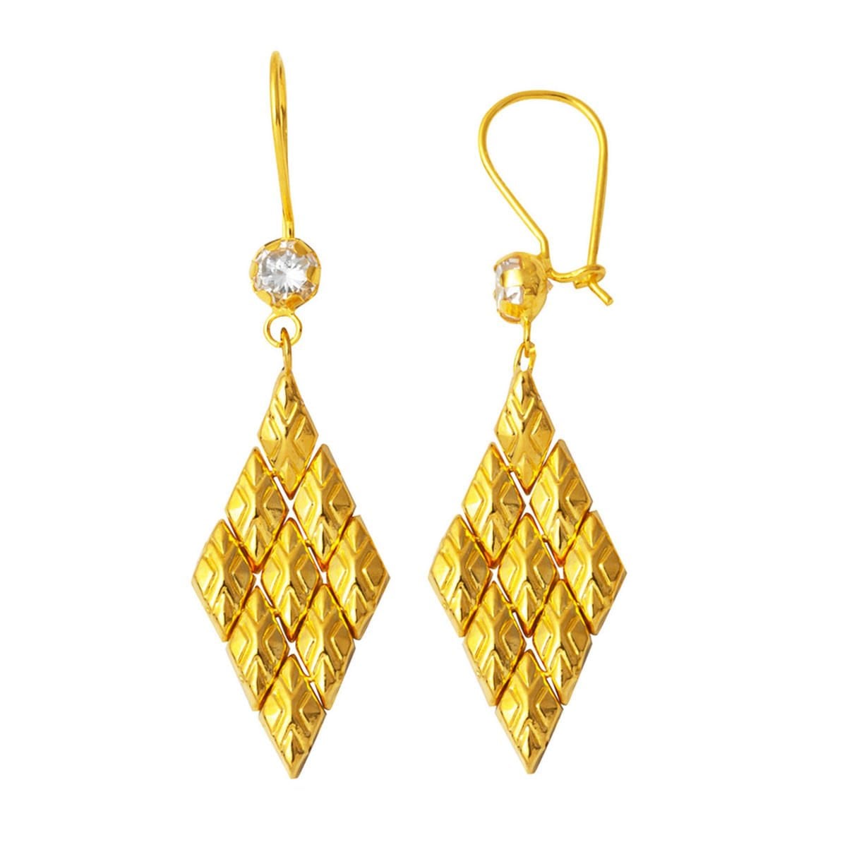 14K Yellow Gold Rhombus Patterned Dangle Cubic Zirconia Earrings