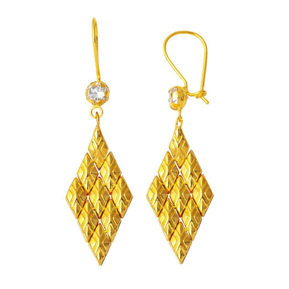 14K Yellow Gold Rhombus Patterned Dangle Cubic Zirconia Earrings
