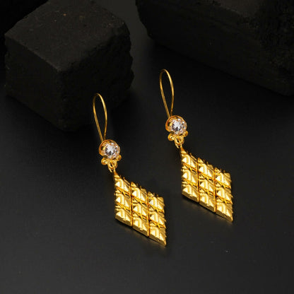 14K Yellow Gold Rhombus Patterned Dangle Cubic Zirconia Earrings