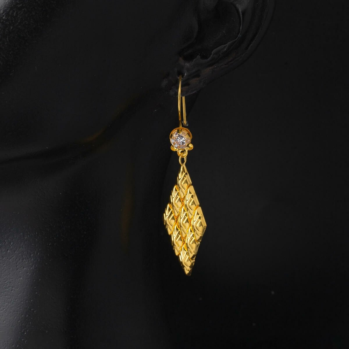 14K Yellow Gold Rhombus Patterned Dangle Cubic Zirconia Earrings