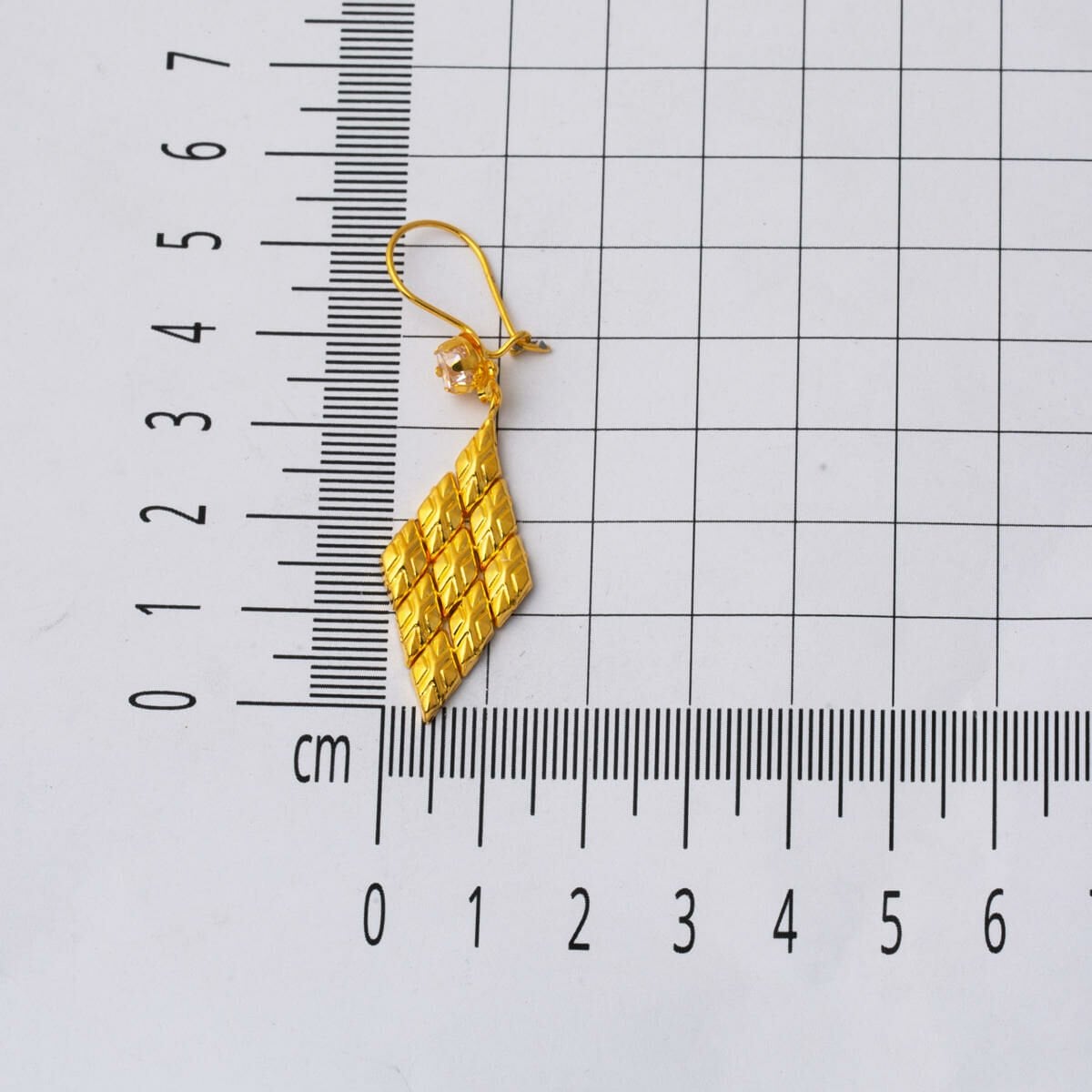 14K Yellow Gold Rhombus Patterned Dangle Cubic Zirconia Earrings