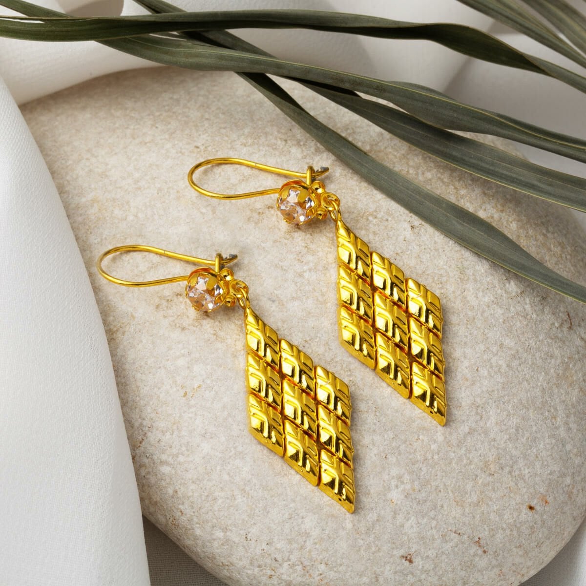 14K Yellow Gold Rhombus Patterned Dangle Cubic Zirconia Earrings