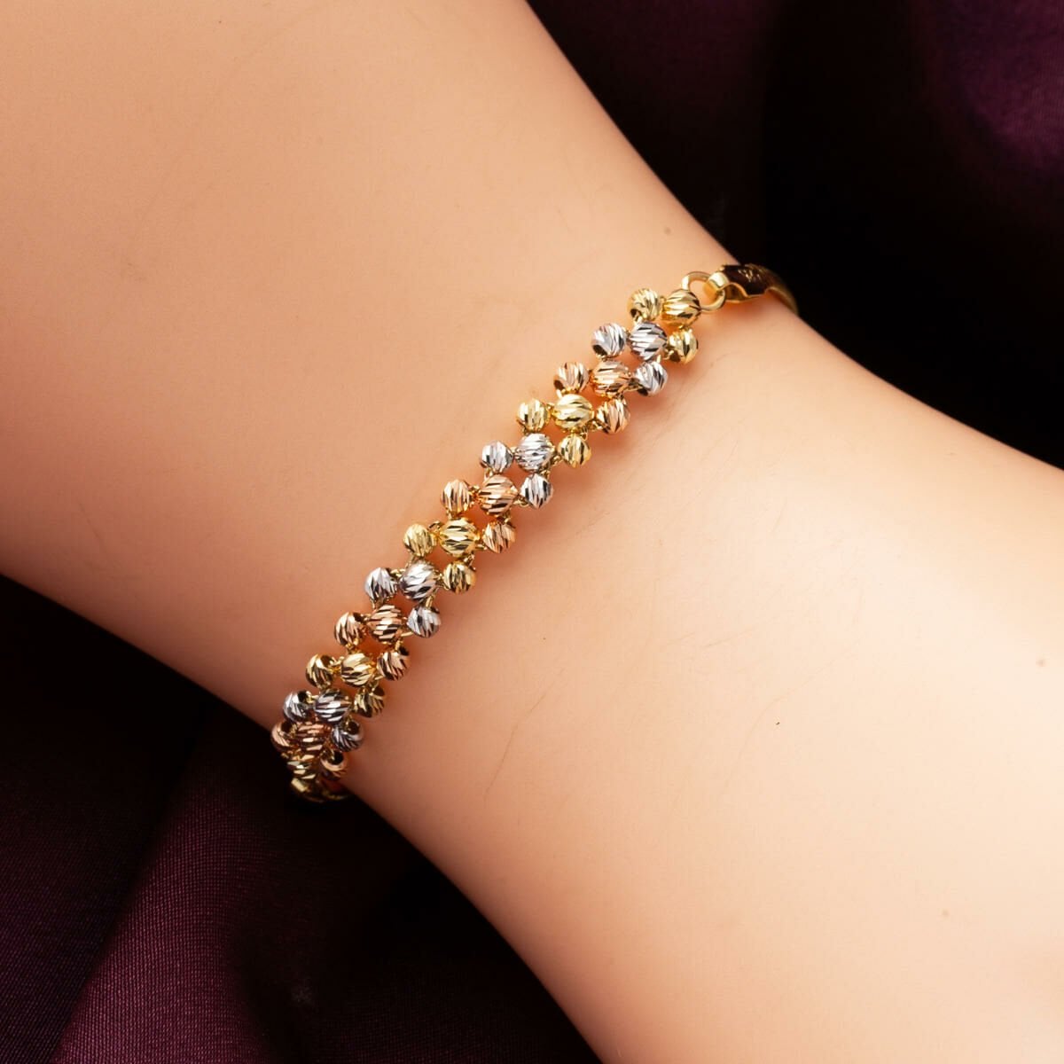14K Yellow Gold Herringbone Chain Colored Gold Bead Bracelet