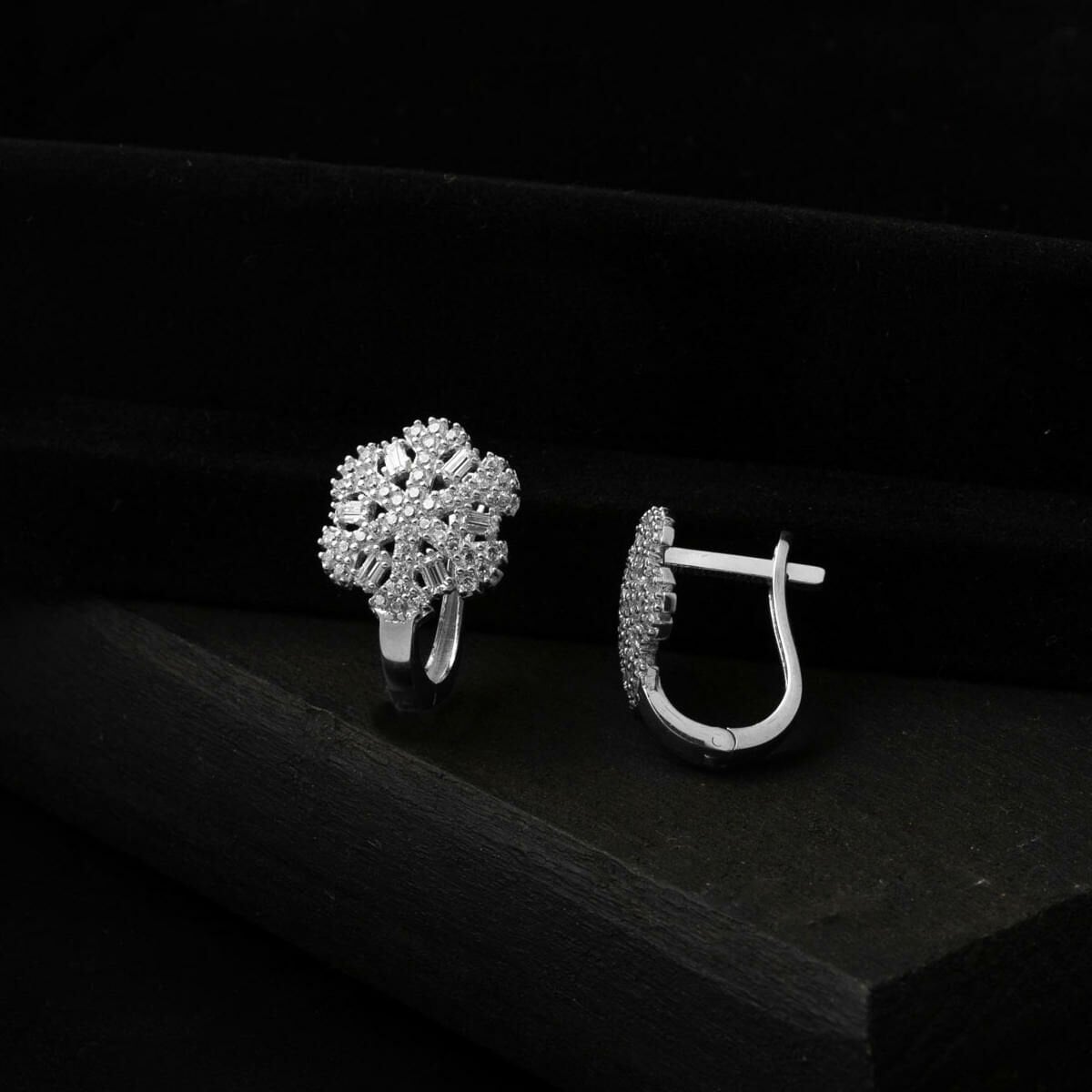 14K White Gold Snowflake Baguette Cubic Zirconia Earrings