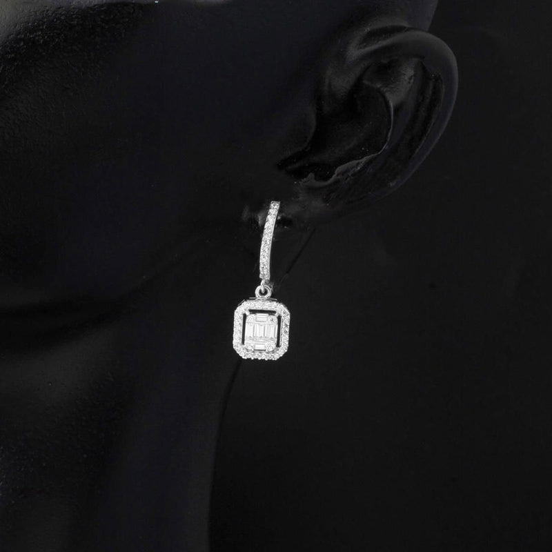 14K White Gold Baguette Dangle Cubic Zirconia Earrings