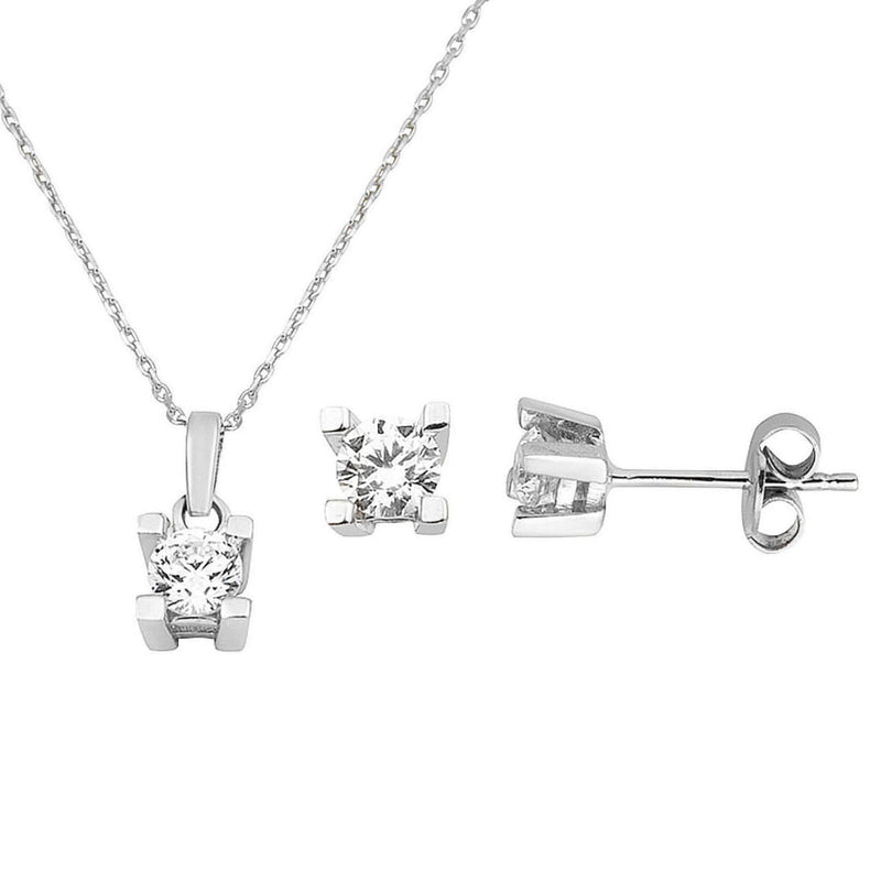 14K White Gold Solitaire Cubic Zirconia Necklace and Earrings Set