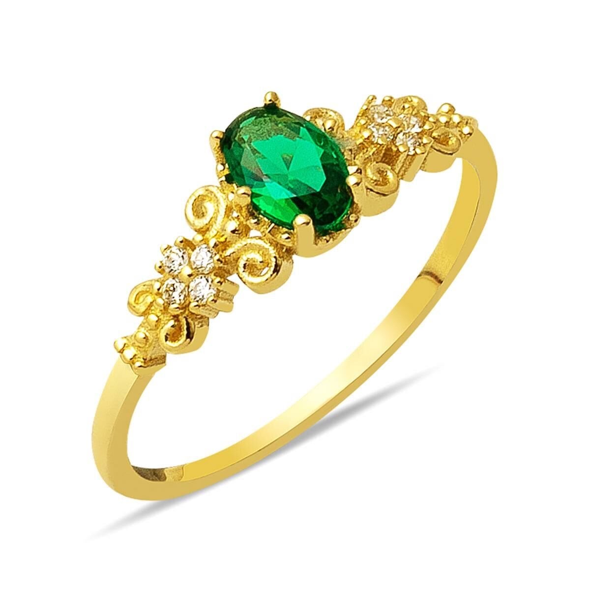 14K Yellow Gold Flower Motif Green Cubic Zirconia Ring