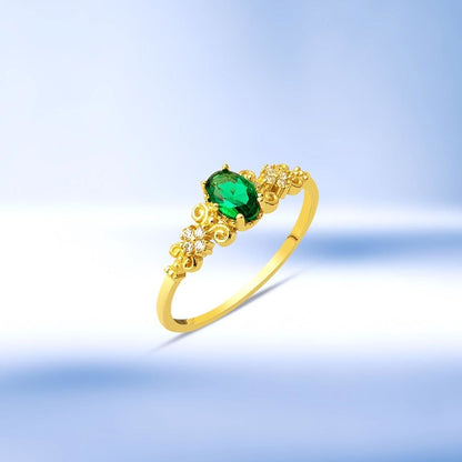 14K Yellow Gold Flower Motif Green Cubic Zirconia Ring