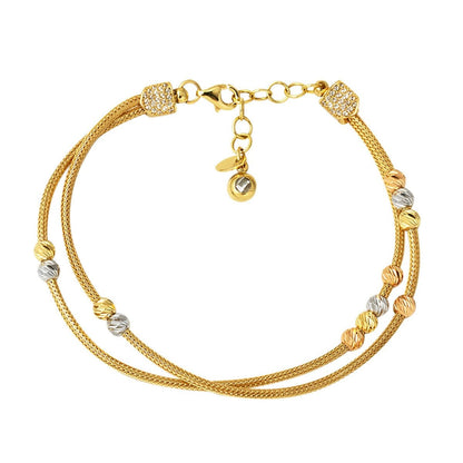 14K Yellow Gold Double Row Kazaziye Gold Bead Cubic Zirconia Bracelet