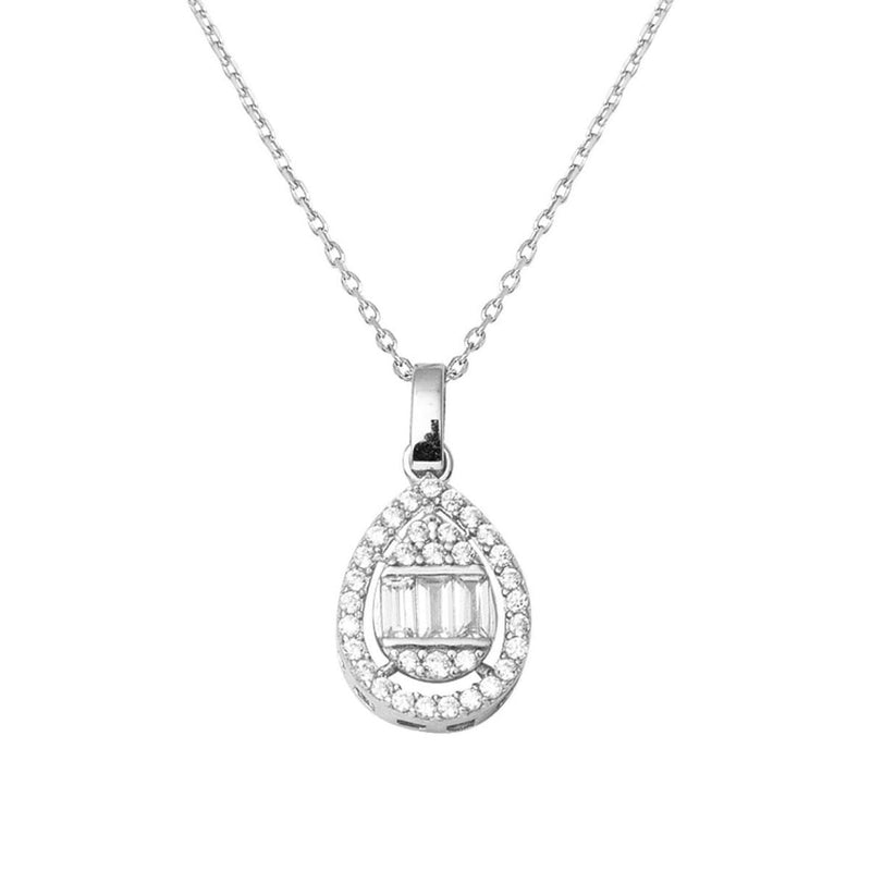 14K White Gold Teardrop Baguette Cubic Zirconia Necklace