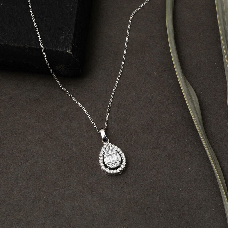 14K White Gold Teardrop Baguette Cubic Zirconia Necklace