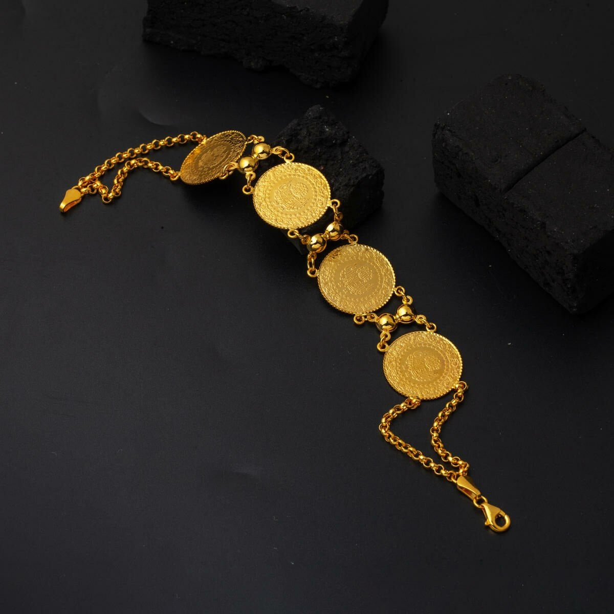 14K Yellow Gold Rolo Chain 4 Quarter Coin Bracelet