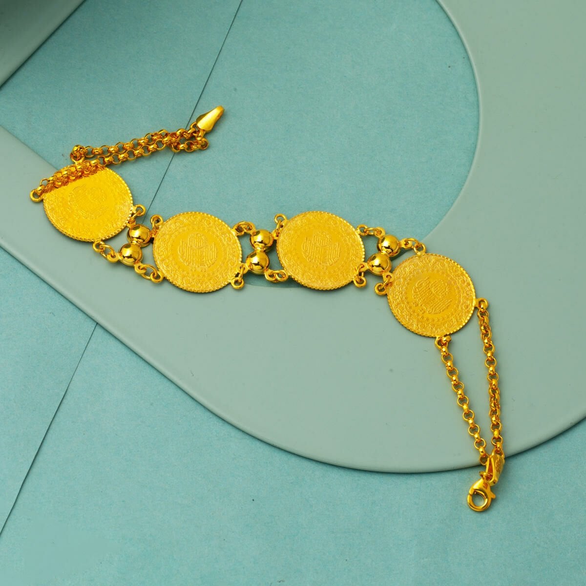 14K Yellow Gold Rolo Chain 4 Quarter Coin Bracelet