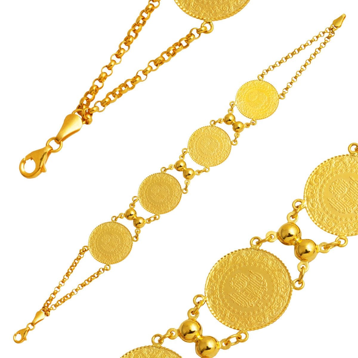 14K Yellow Gold Rolo Chain 4 Quarter Coin Bracelet