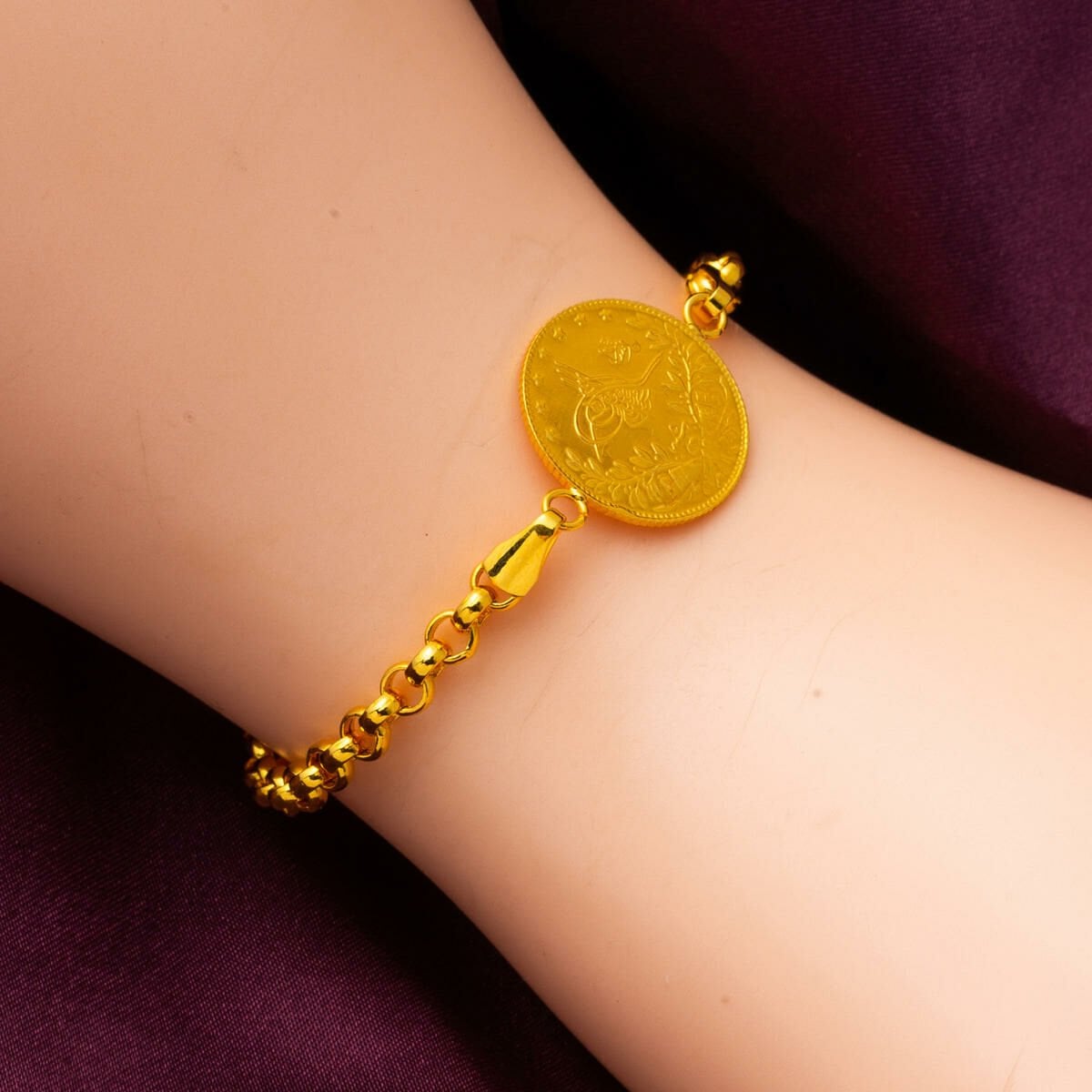 14K Yellow Gold Rolo Chain Half Ottoman Resat Coin Bracelet