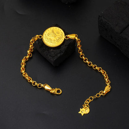 14K Yellow Gold Rolo Chain Half Ottoman Resat Coin Bracelet