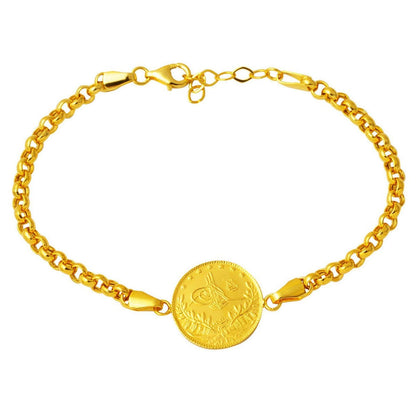 14K Yellow Gold Rolo Chain Half Ottoman Resat Coin Bracelet