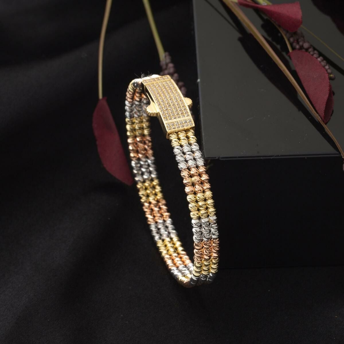 14K Yellow Gold Bead Hinged Cuff Cubic Zirconia Bangle