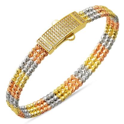 14K Yellow Gold Bead Hinged Cuff Cubic Zirconia Bangle