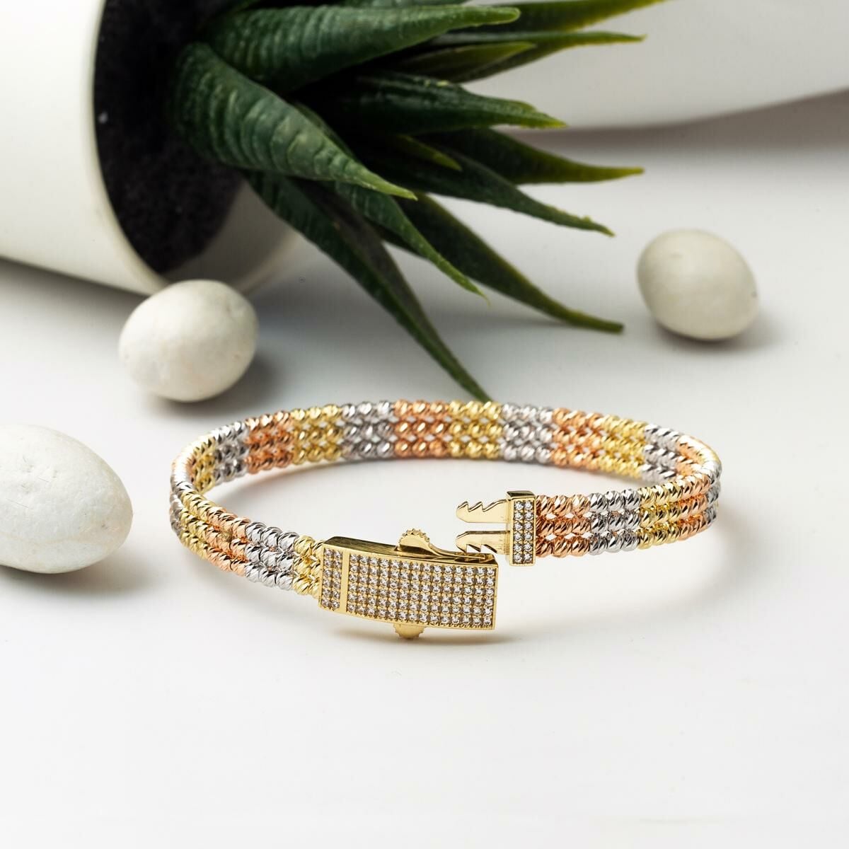 14K Yellow Gold Bead Hinged Cuff Cubic Zirconia Bangle