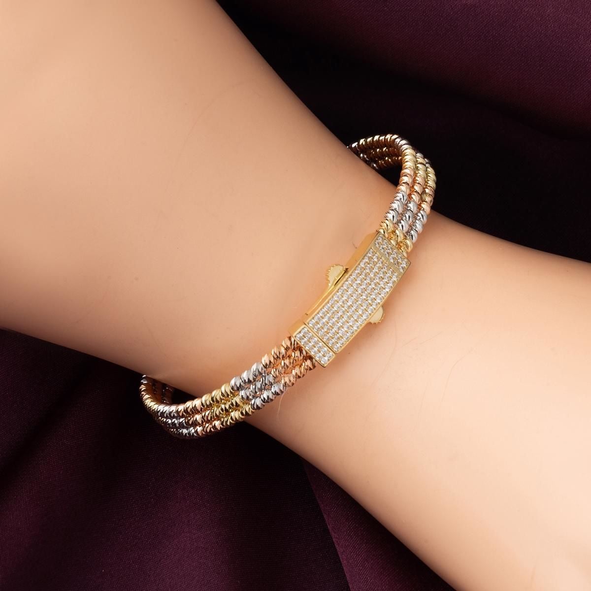 14K Yellow Gold Bead Hinged Cuff Cubic Zirconia Bangle