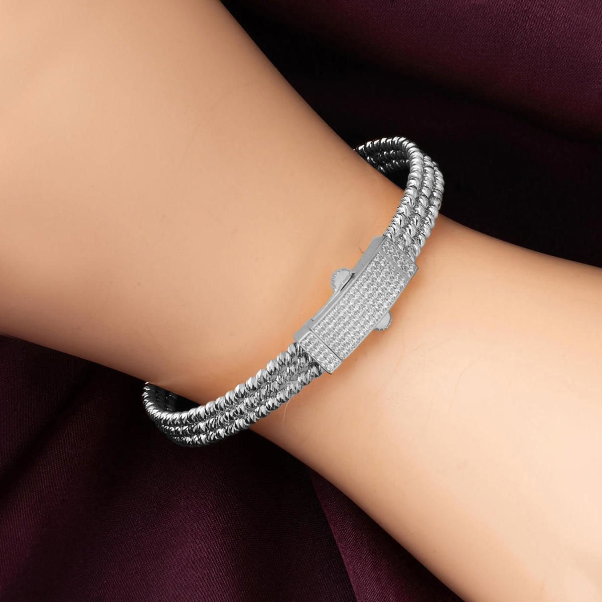 14K White Gold Bead Hinged Cuff Cubic Zirconia Bangle