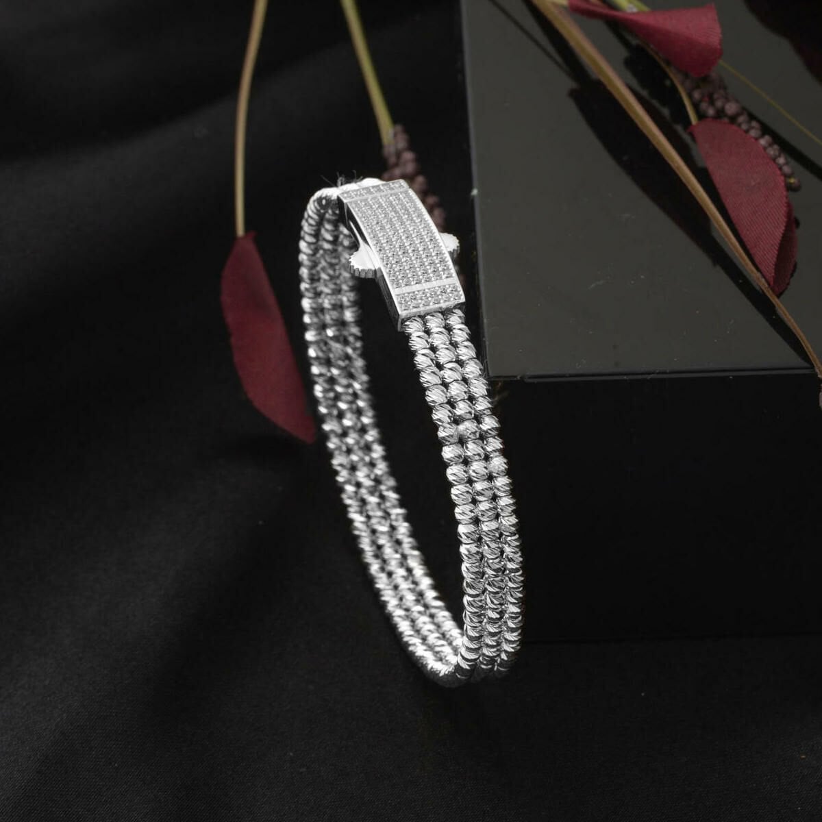 14K White Gold Bead Hinged Cuff Cubic Zirconia Bangle