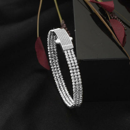 14K White Gold Bead Hinged Cuff Cubic Zirconia Bangle