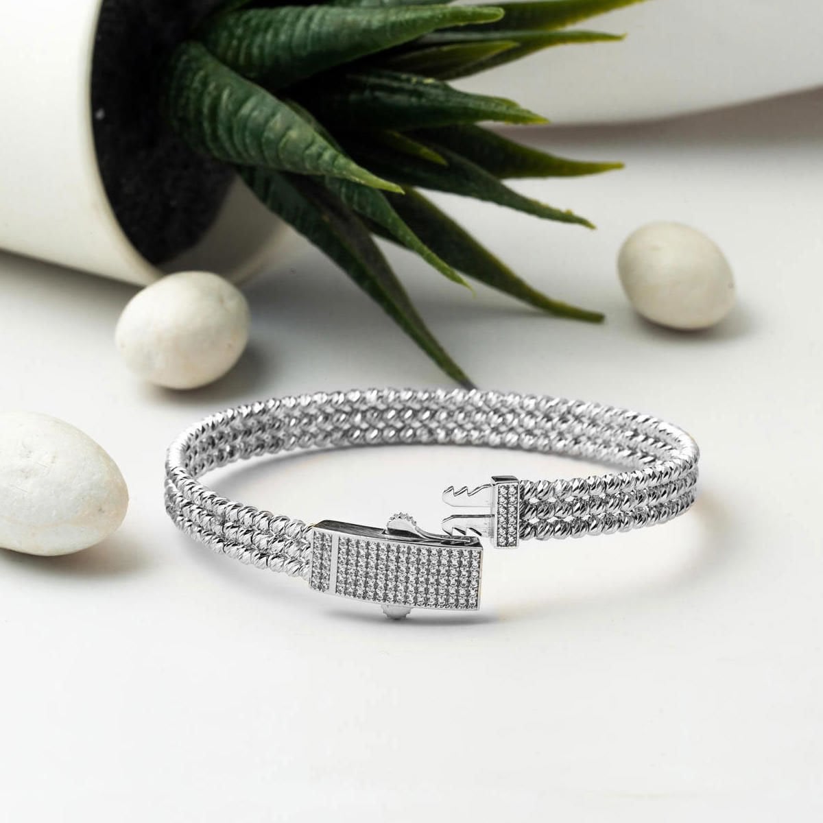 14K White Gold Bead Hinged Cuff Cubic Zirconia Bangle