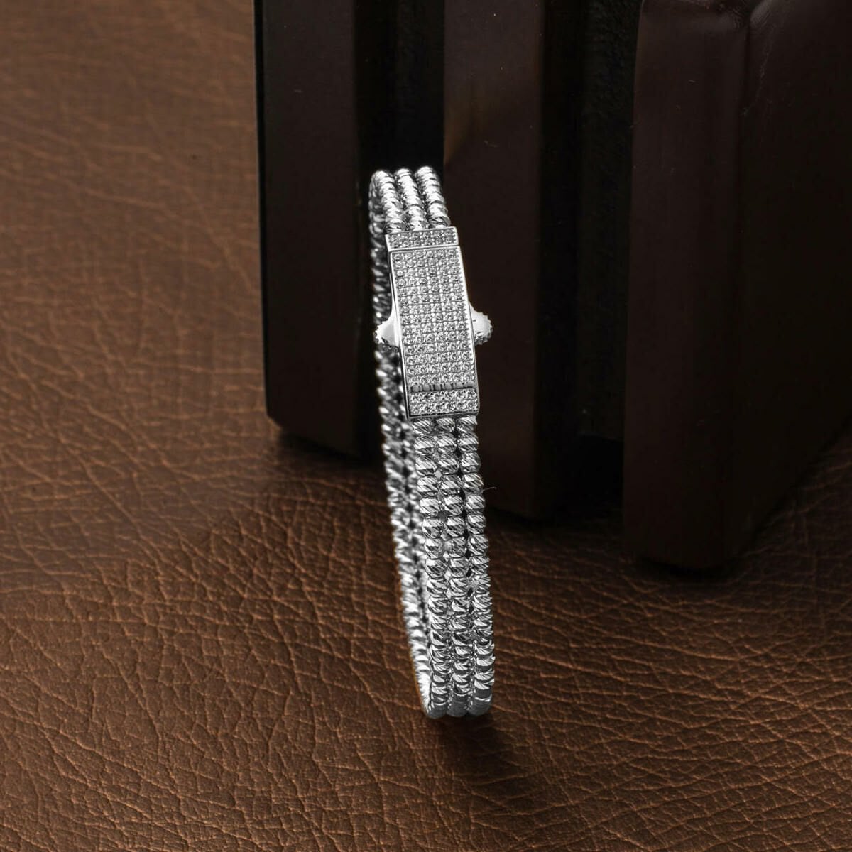 14K White Gold Bead Hinged Cuff Cubic Zirconia Bangle