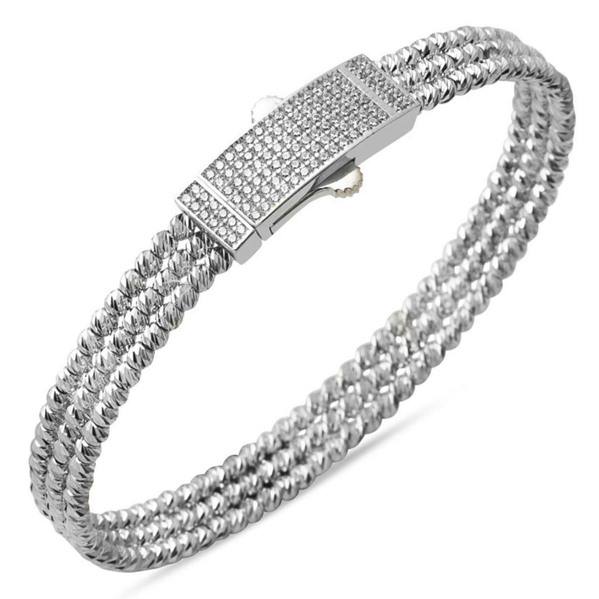 14K White Gold Bead Hinged Cuff Cubic Zirconia Bangle